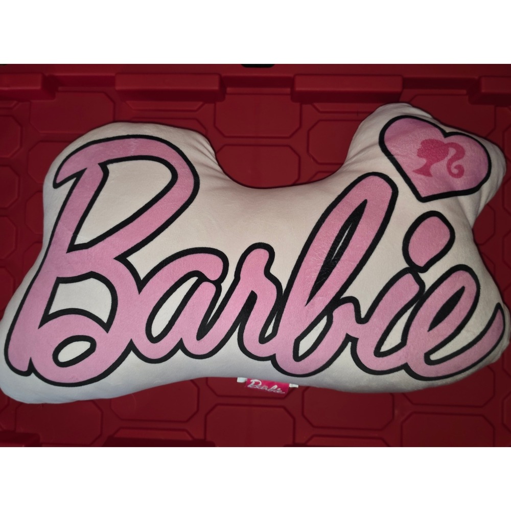 Barbie Logo Decorative Plush Pillow Pink White Heart Silhouette Mattel Franco
